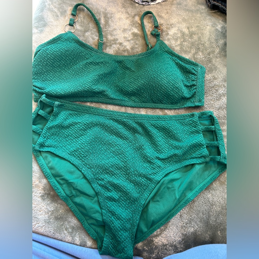 Time and Tru Teal Textured High-Waist Bikini Set